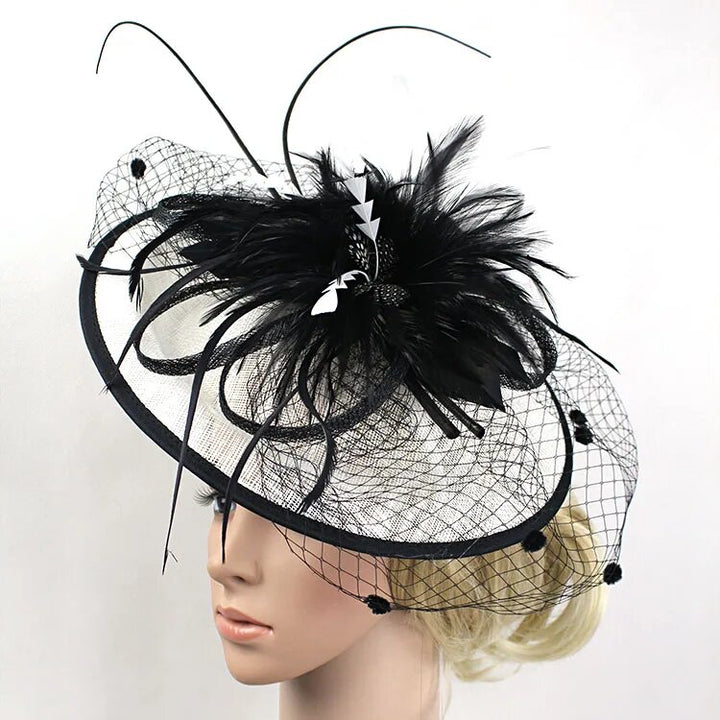 Women Fascinators Bridal Wedding Pillbox Hat Large Brim Hairband Feathers Mesh Headband with Clip